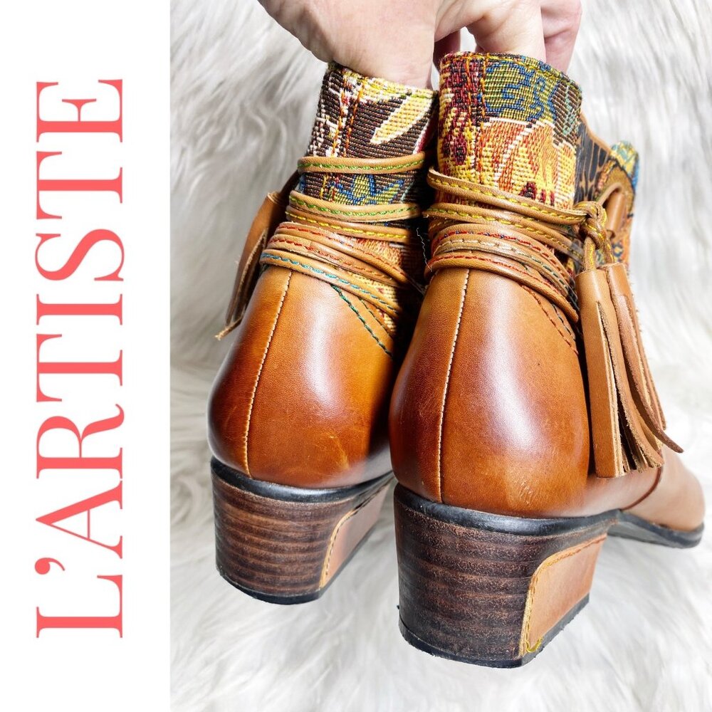 L’ARTISTE‎ LEATHER ANKLE TAPESTRY BOOTIE TASSEL UNIQUE ARTISTIC BOHO, WOMEN’s 40 - Picture 10 of 16